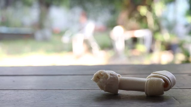 Dog bone, Ate Dog treats, Rawhide dog chews bitten on wooden table texture in bokeh green garden, Close up and Macro shot, Selective focus, Snack food dog concept