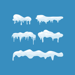 Snow caps, snowballs and snowdrifts set. Snow cap vector collection. Winter decoration element. Snowy elements on winter background. Cartoon template. Snowfall and snowflakes in motion. Illustration.