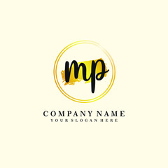 Initial MP handwriting logo, and brush circle template 