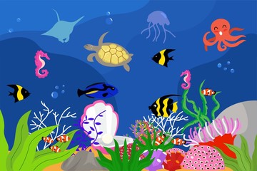 Naklejka na ściany i meble illustration underwater landscape with turtle, variant fish, clownfish, octopus