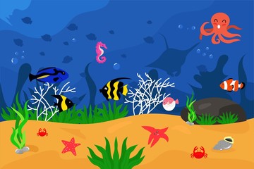 Plakat illustration underwater landscape with turtle, variant fish, clownfish, octopus