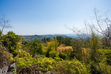 beautiful blue sky high peak mountains mist fog wildlife green forest at Khao Koh Phu Tub Berk Phetchabun Thailand guiding idea long weekend for backpacker camping hiking  