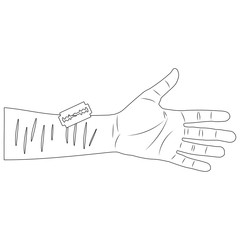 a cut wrist with a blade. suicide attempt. White background isolated outline vector illustration