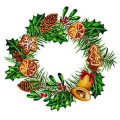 Watercolor Christmas cones, mistletoe, gingerbread wreath