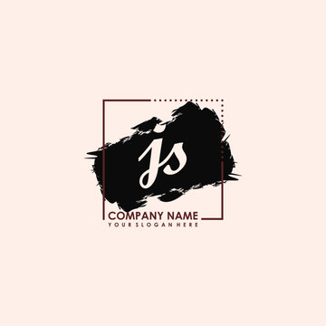 Initial letter JS handwriting logo template. with box lines, and brush inside