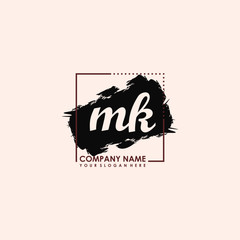 Initial letter MK handwriting logo template. with box lines, and brush inside
