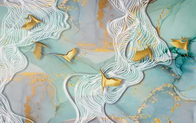 Farbiger Marmorhintergrund, weiße Wellen, goldene abstrakte Vögel © TimKats