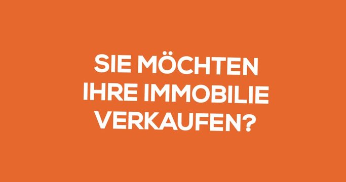 Immobilienmakler. Textanimation f&uuml;r Blog, Soziale Medien oder Website. Werbung/Marketing f&uuml;r Makler bei Verkauf einer Immobilie. Hintergrund orange