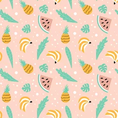 Fotobehang Trendy floral seamless pattern with fruits and leaves on pink background. Flat vector illustration. © Alisa