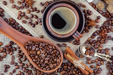 Black coffee on an old background in a cup