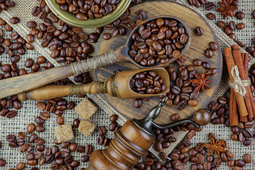 Black coffee beans on an old background