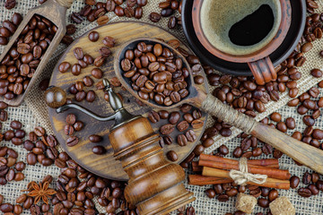 Black coffee beans on an old background