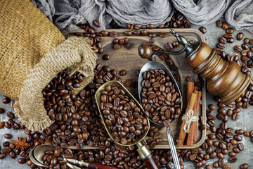 Black coffee beans on an old background
