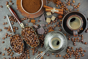 Black coffee on an old background in a cup