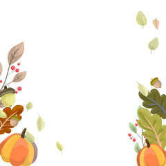 Colorful ripe orange pumpkin drawn in cartoon style on a background of cute green leaves, harvesting, autumn concept.