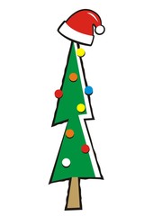 Christmas tree and cap of santa claus , funny vector illustration. Colored picture on white background.