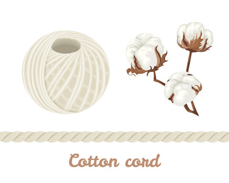 Natural cotton twine ball isolated on white background. Vector illustration of light threads and cotton plants in cartoon simple flat style. Cotton string, cords, rope.