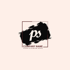 Initial letter PS handwriting logo template. with box lines, and brush inside