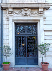 Fototapeta na wymiar vintage entrance decorated metal and glass door with flowerpots