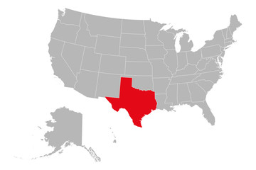 USA map highlighting texas state vector illustration. Gray background. United states political map.
