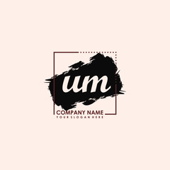 Initial letter UM handwriting logo template. with box lines, and brush inside