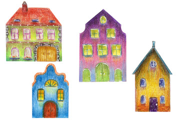 Fairytale set of hand-drawn colorful houses in the old European style on a white background isolated. Multicolored illustration with colored pencils