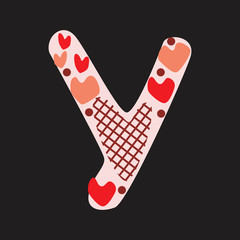 A letter Y with red and pink doodle hearts isolated on black background, a vector stock illustration with romantic font letters for Valentine's day, anniversary, love date, wedding