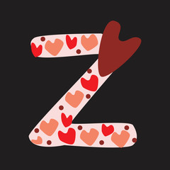A letter Z with red and pink doodle hearts isolated on black background, a vector stock illustration with romantic font letters for Valentine's day, anniversary, love date, wedding