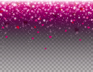 Vector pink hearts confetti falling effect. Glowing lights and stars with glitter isolated on shimmer transparent background.