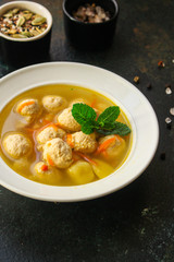 soup meatballs (poultry, chicken, turkey, vegetables) menu concept. food background. top view. copy space