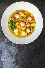 soup meatballs (poultry, chicken, turkey, vegetables) menu concept. food background. top view. copy space