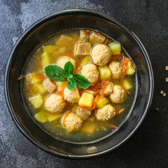 soup meatballs (poultry, chicken, turkey, vegetables) menu concept. food background. top view. copy space