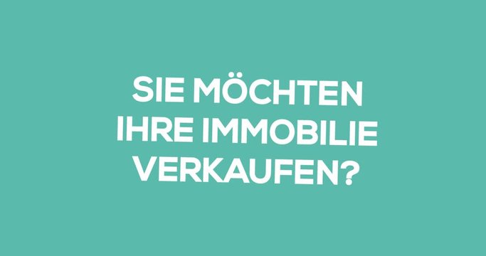 Immobilienmakler. Textanimation f&uuml;r Blog, Soziale Medien oder Website. Werbung/Marketing f&uuml;r Makler bei Verkauf einer Immobilie. Hintergrund t&uuml;rkis