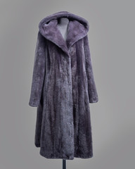 Mink coat gray-lilac color with hood and flared skirt Horizontal frame