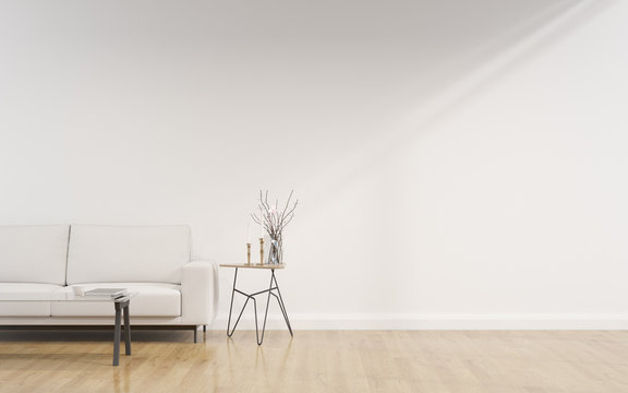 View of white living room in minimal style with sofa and small side table on laminate floor.Perspective of interior design. 3d rendering.	