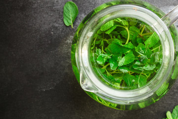 mint tea (tasty fresh, mint lemonade flavor) menu concept. food background. top view. copy space
