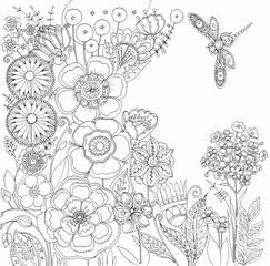 Contour decorative flowers peonies, phloxes, dandelions, tulips, flying dragonfly. Ideal for greeting cards, covers, botanical illustrations, greeting cards, invitations, paper bags, quotes, colorings