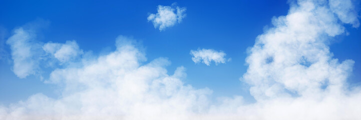 Colorful panoramic landscape: blue sky and fluffy clouds.  (Plane backplate, 3D rendering computer digitally generated illustration.)