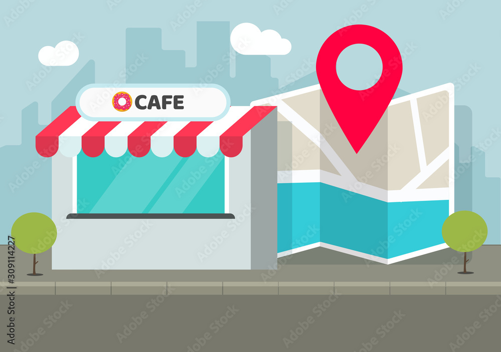 Poster cafe shop of store location with pin pointer and navigation city map vector illustration, flat carto
