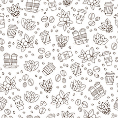 Vector hand draw coffee cup and coffee beans with leaves pattern. Coffe take away simple seamless pattern, paper coffee cups on white background, sketch textured background, coffee seamless pattern