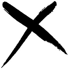 A black cross is hand-drawn on a white background. Paint strokes with a dry brush