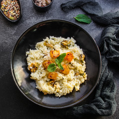 risotto mussels, vegetables (main course, rice seafood) menu concept. food background. top view. copy space