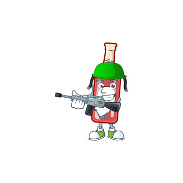 A cartoon style of champagne red bottle Army with machine gun