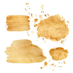 Watercolor illustration of grunge gold brush strokes isolated on white background. Abstract graphic elements. Sparkling gold stains. Hand drawn.
