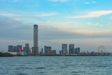 Fototapeta premium urban skyline and modern buildings at dusk, cityscape of China.