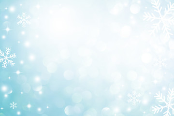 Naklejka na ściany i meble abstract blur beautiful glowing blue color gradient background with shining falling snowflakes crystal glittering effect for christmas festival and happy new year season design as banner concept