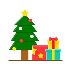 Christmas tree with gift box, Christmas day related flat icon