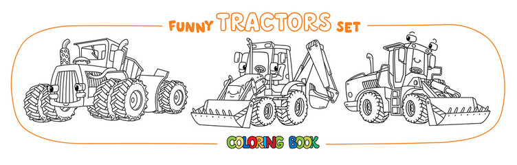 Funny vector tractors with eyes. Coloring book set