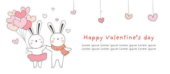 Draw banner couple love rabbit with balloon for Valentine.