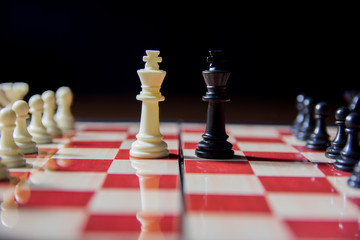 Close up shot of king vs king in chess. Black and white. Black vs white. King vs king in centre